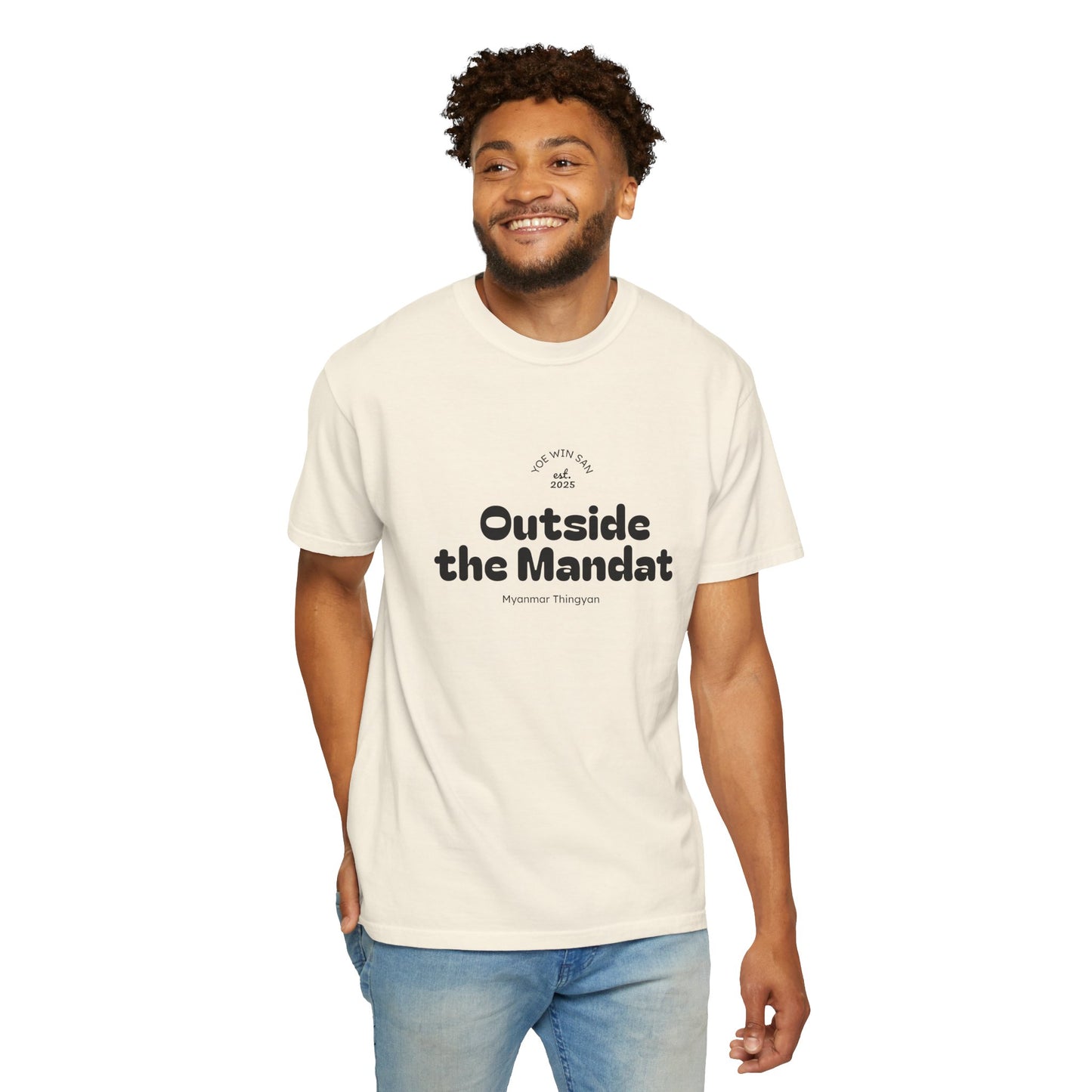 Outside the Mandate T-shirt | Minimal Text Graphic, Small Center Chest Print