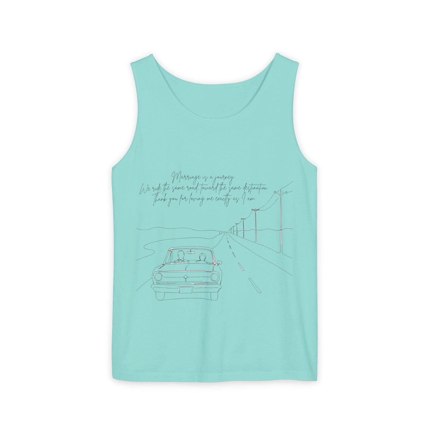Sketch Roadtrip Tank Top — Minimal Car Line Art with Handwritten Lyric Text