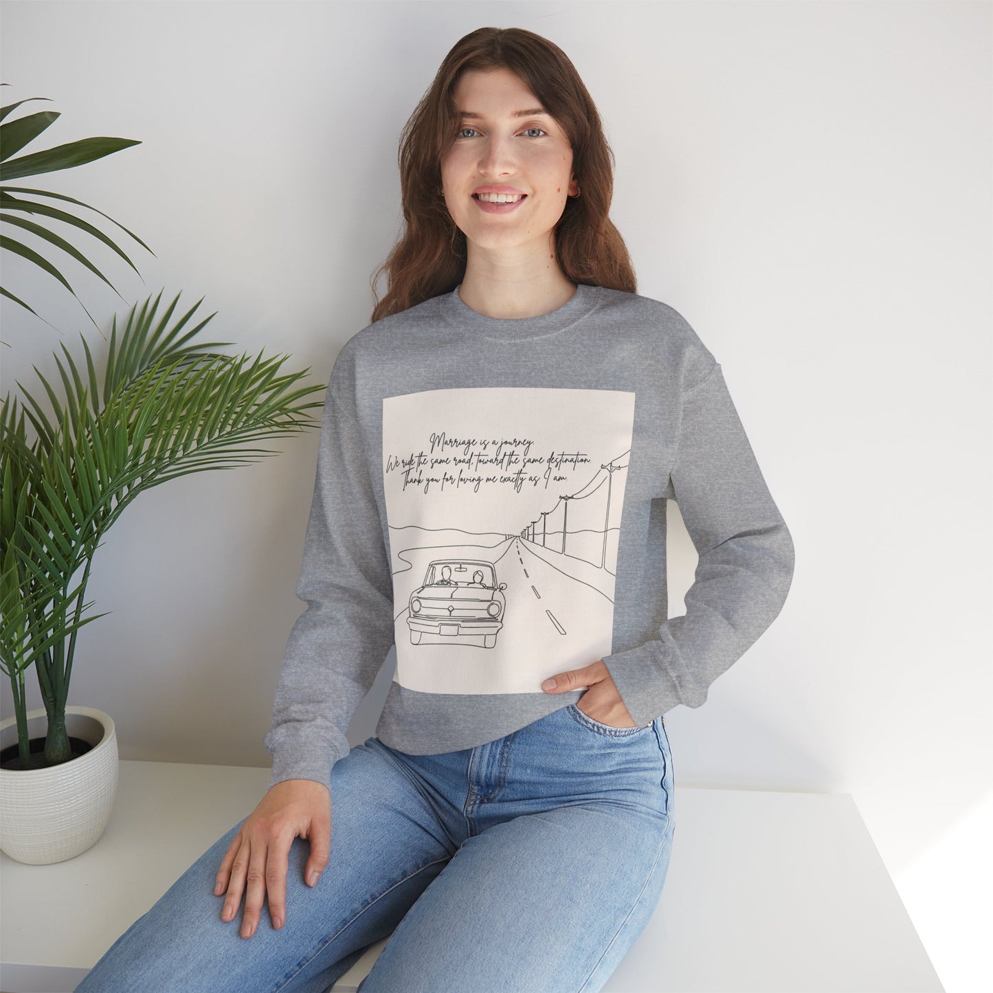 Graphic Sweatshirt — Minimal Line Art Road Trip Design with Inspirational Script