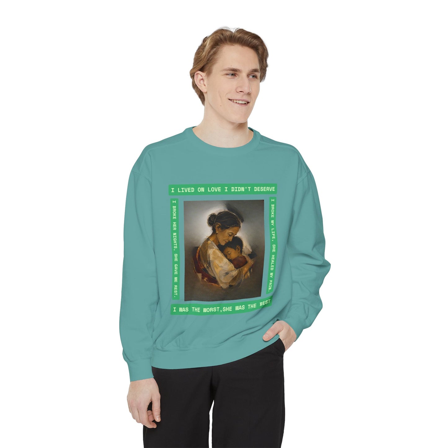 Mother & Child Sweatshirt — Vintage Art Crewneck with "I Lived, I Loved" Quote