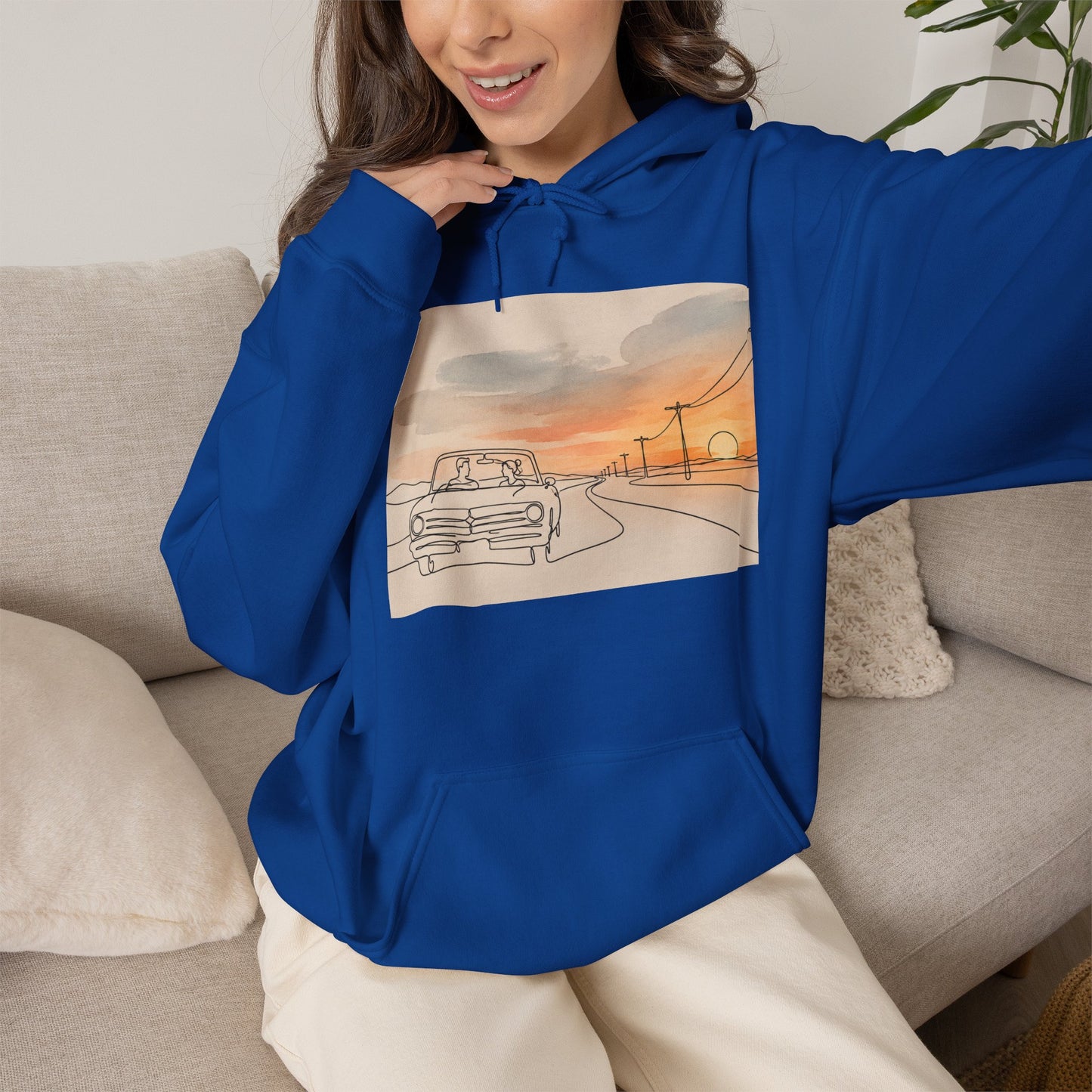 Sunset Drive Hoodie – Retro Car Road Trip Graphic Sweatshirt