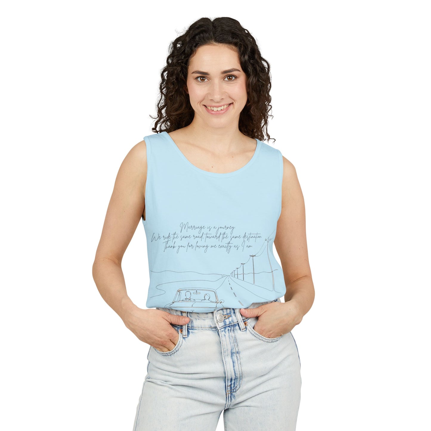 Sketch Roadtrip Tank Top — Minimal Car Line Art with Handwritten Lyric Text