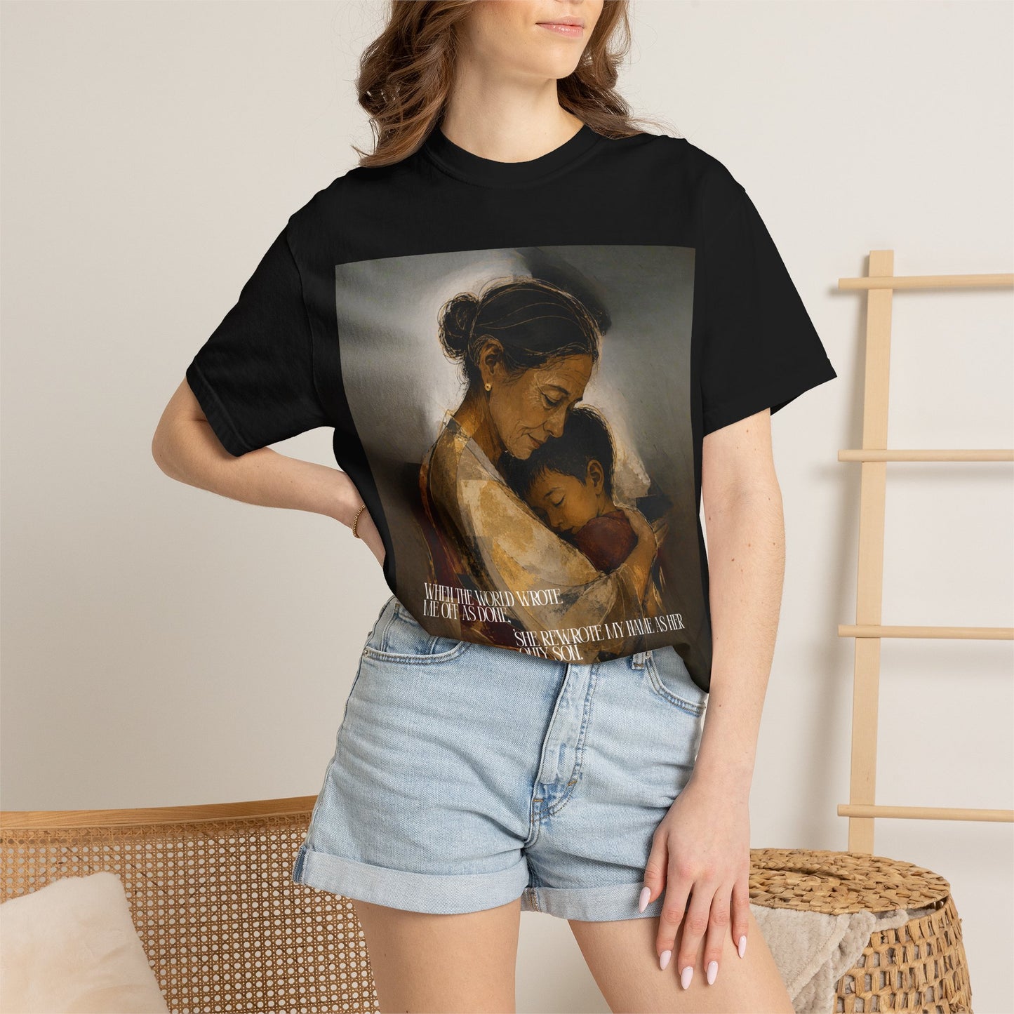 T-Shirt — Mother and Child Embrace Graphic Tee with Inspirational Quote