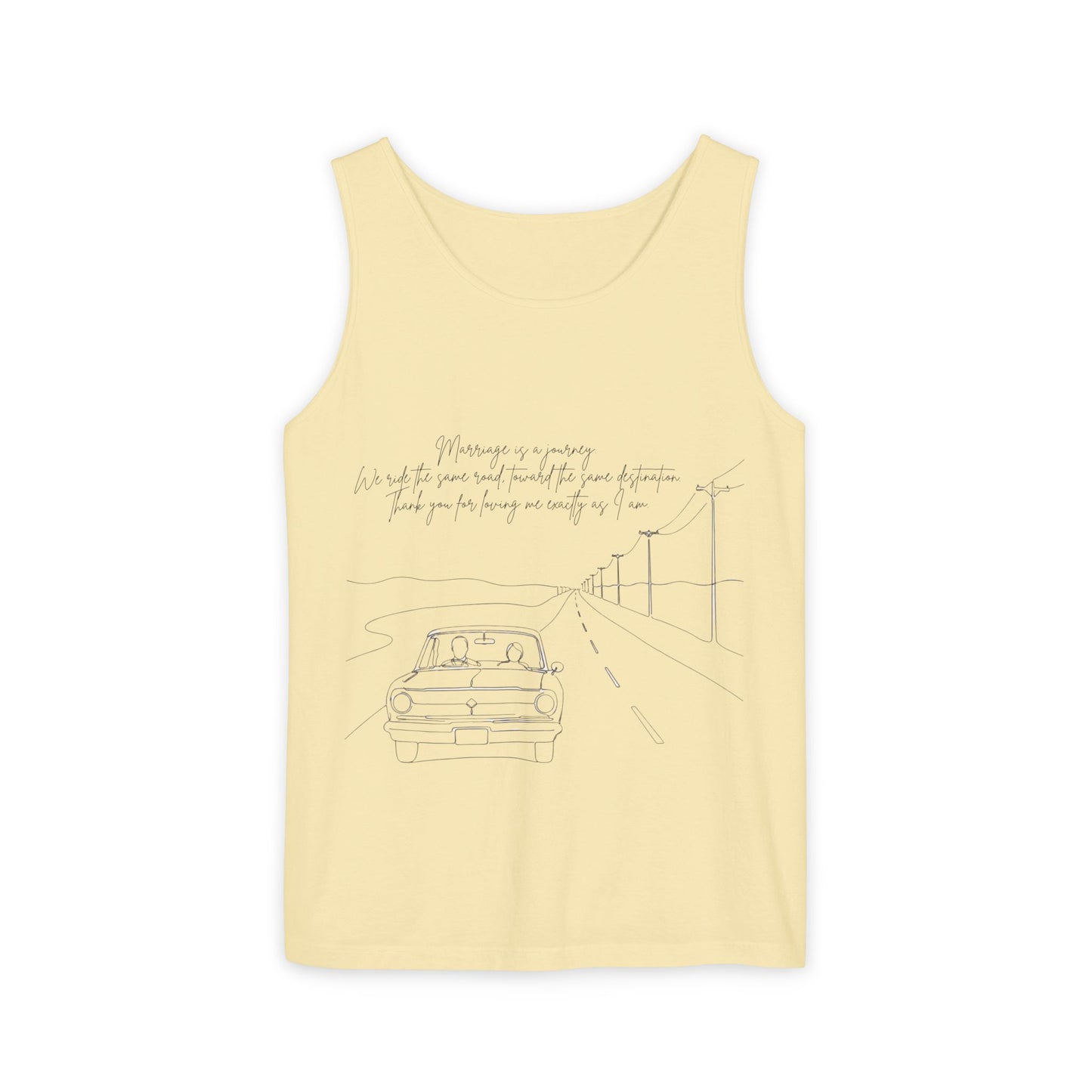 Sketch Roadtrip Tank Top — Minimal Car Line Art with Handwritten Lyric Text