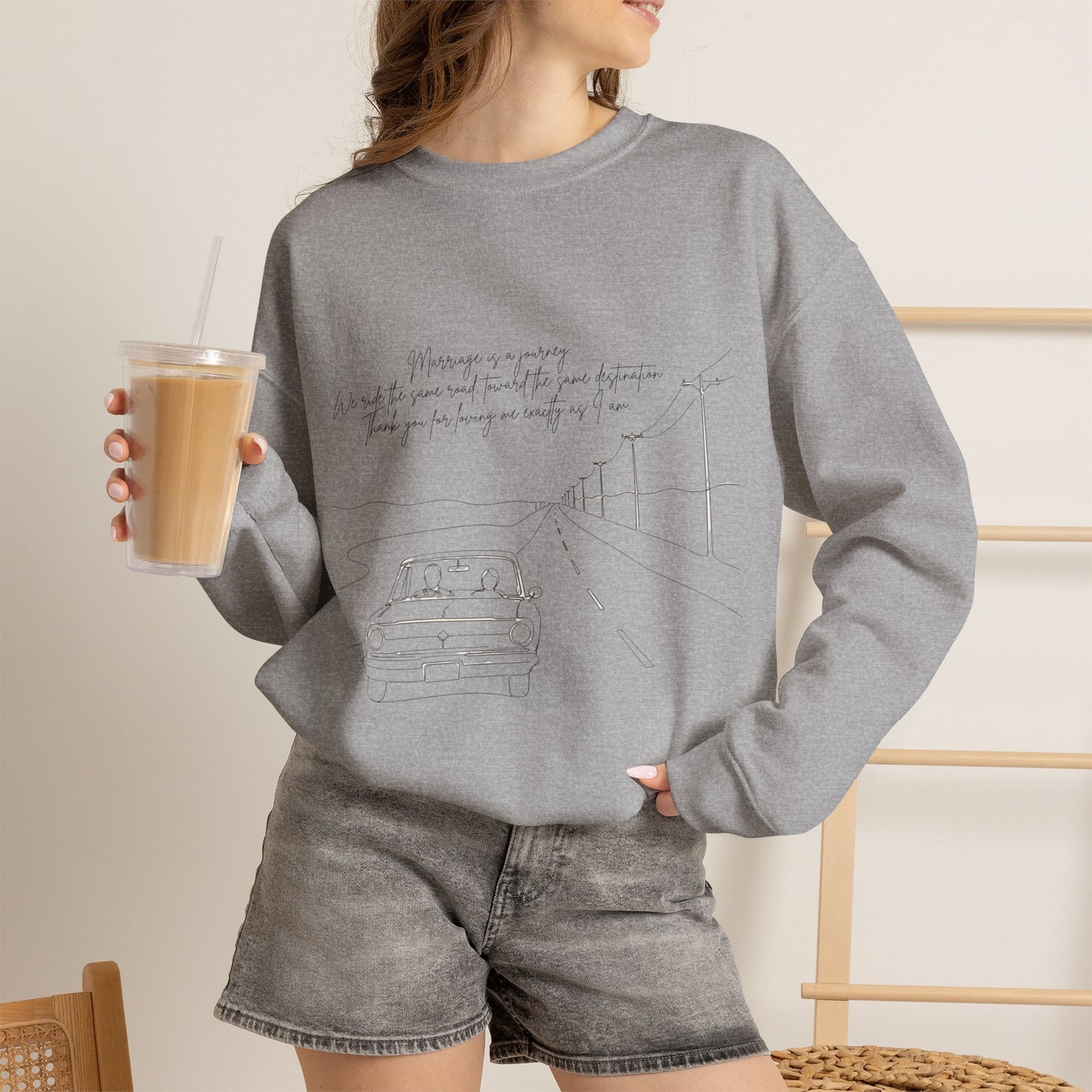 Crewneck Sweatshirt — Minimal Road Sketch Graphic with Handwritten Lyrics