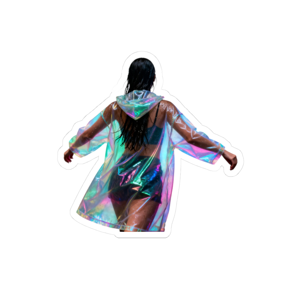 Iridescent Raincoat Kiss-Cut Sticker — Holographic Festival Laptop Decal