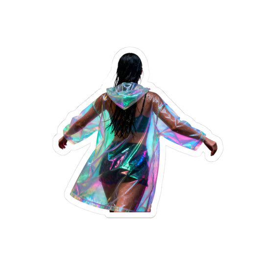Iridescent Raincoat Kiss-Cut Sticker — Holographic Festival Laptop Decal