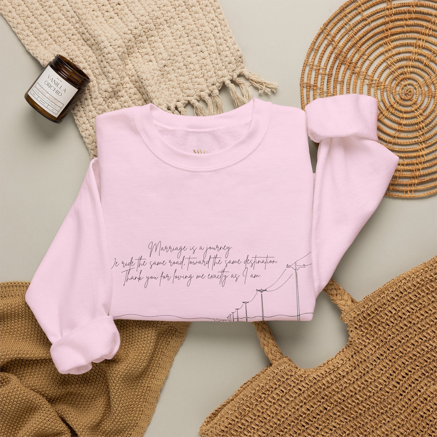 Crewneck Sweatshirt — Minimal Road Sketch Graphic with Handwritten Lyrics