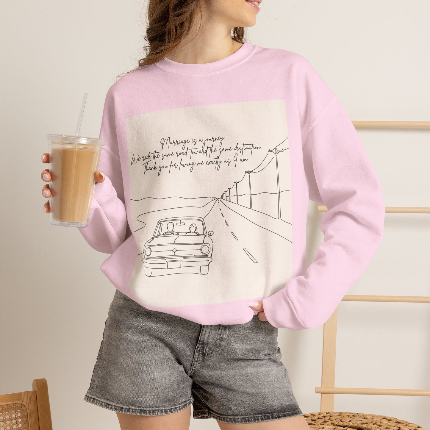 Graphic Sweatshirt — Minimal Line Art Road Trip Design with Inspirational Script