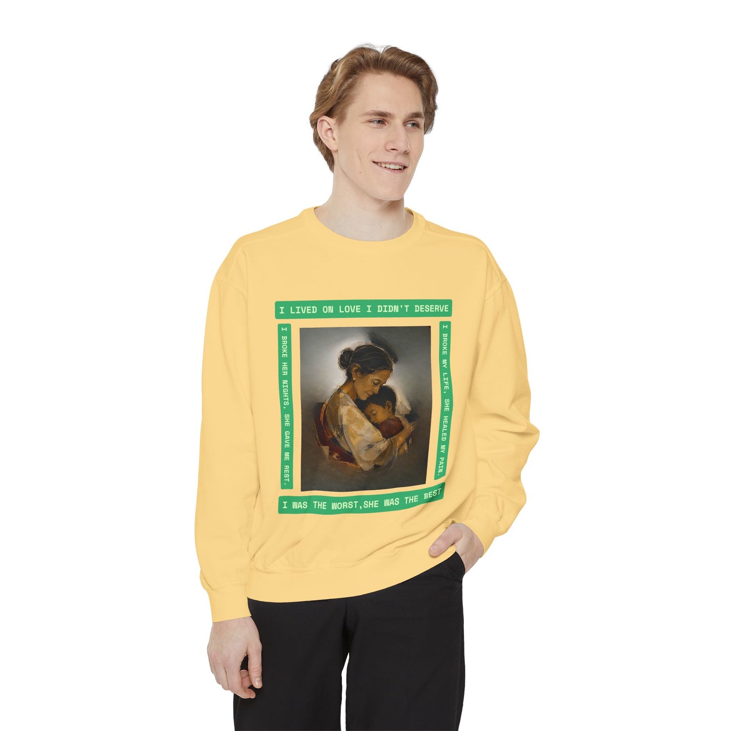 Mother & Child Sweatshirt — Vintage Art Crewneck with "I Lived, I Loved" Quote
