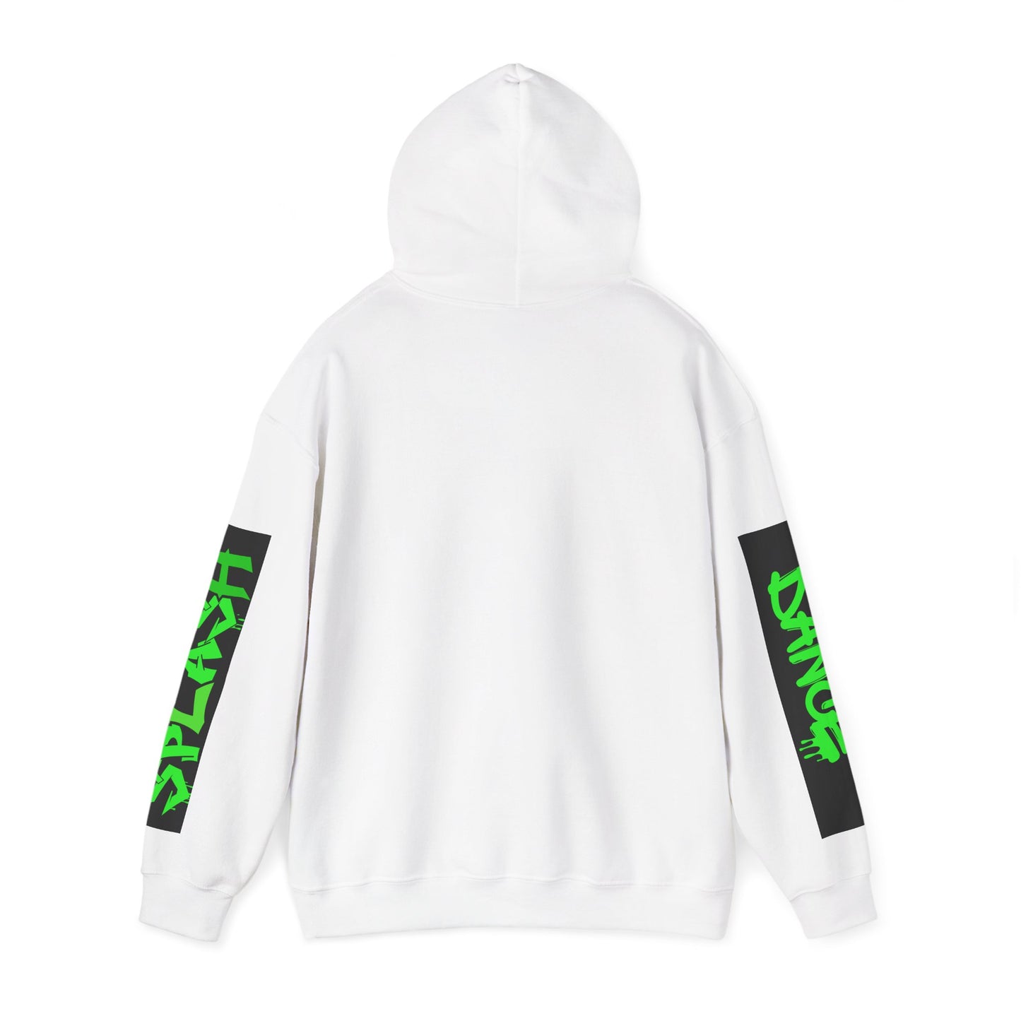 Graphic Sleeve Hoodie — Neon Green Streetwear Text on White Hooded Sweatshirt