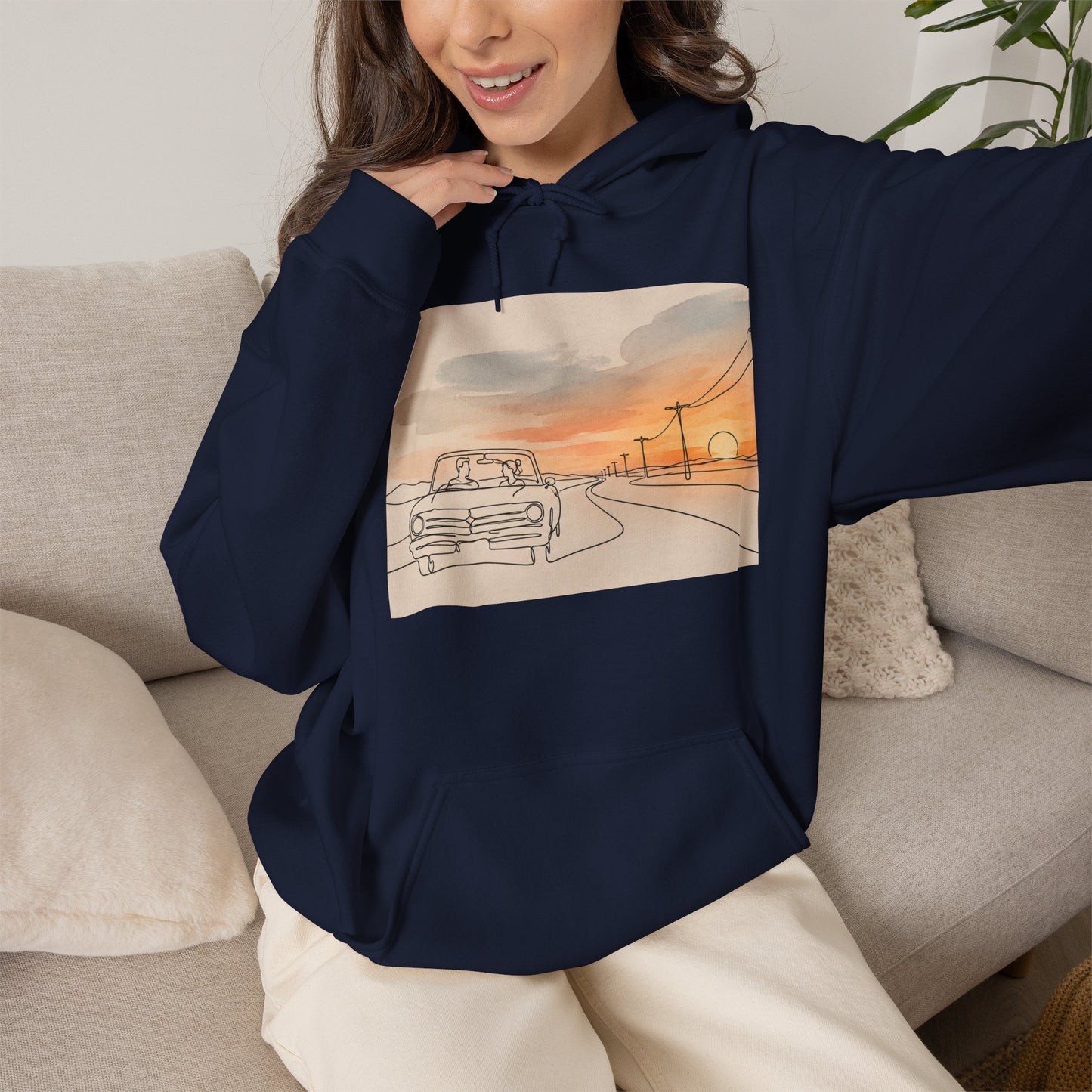 Sunset Drive Hoodie – Retro Car Road Trip Graphic Sweatshirt