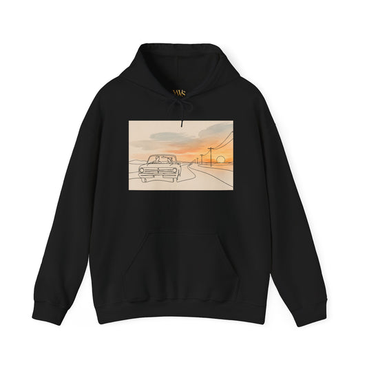 Sunset Drive Hoodie – Retro Car Road Trip Graphic Sweatshirt
