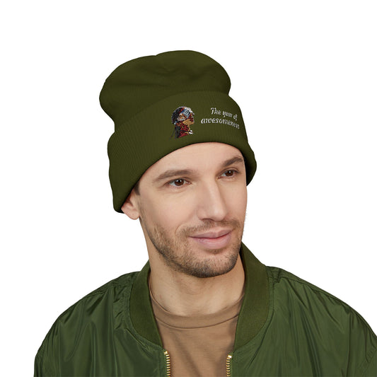 Embroidered Portrait Cuffed Beanie – Minimal Artist Face Knit Hat