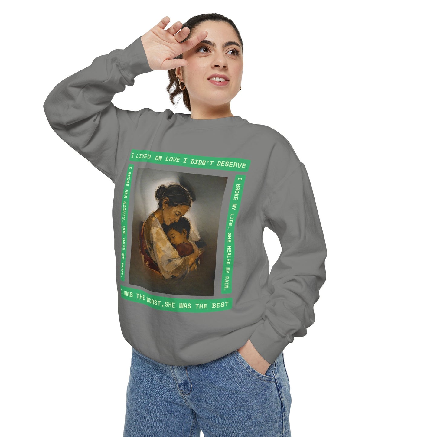 Mother & Child Sweatshirt — Vintage Art Crewneck with "I Lived, I Loved" Quote