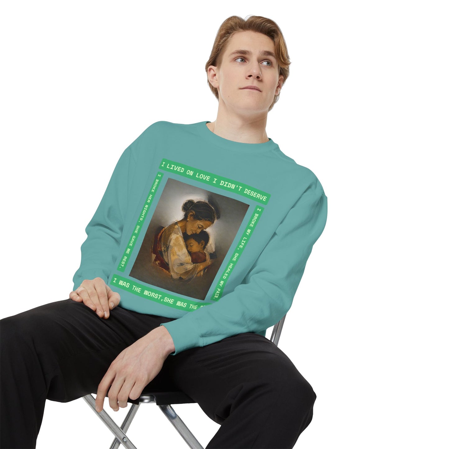 Mother & Child Sweatshirt — Vintage Art Crewneck with "I Lived, I Loved" Quote