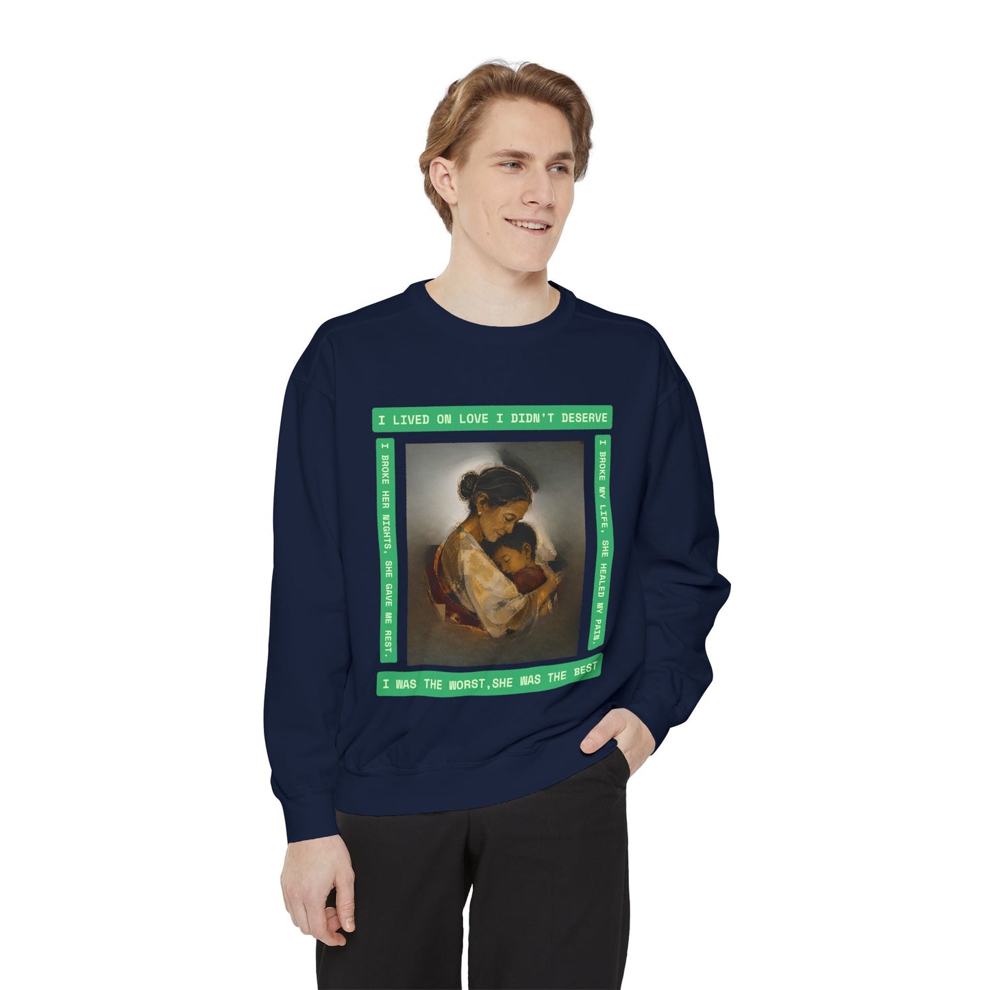 Mother & Child Sweatshirt — Vintage Art Crewneck with "I Lived, I Loved" Quote