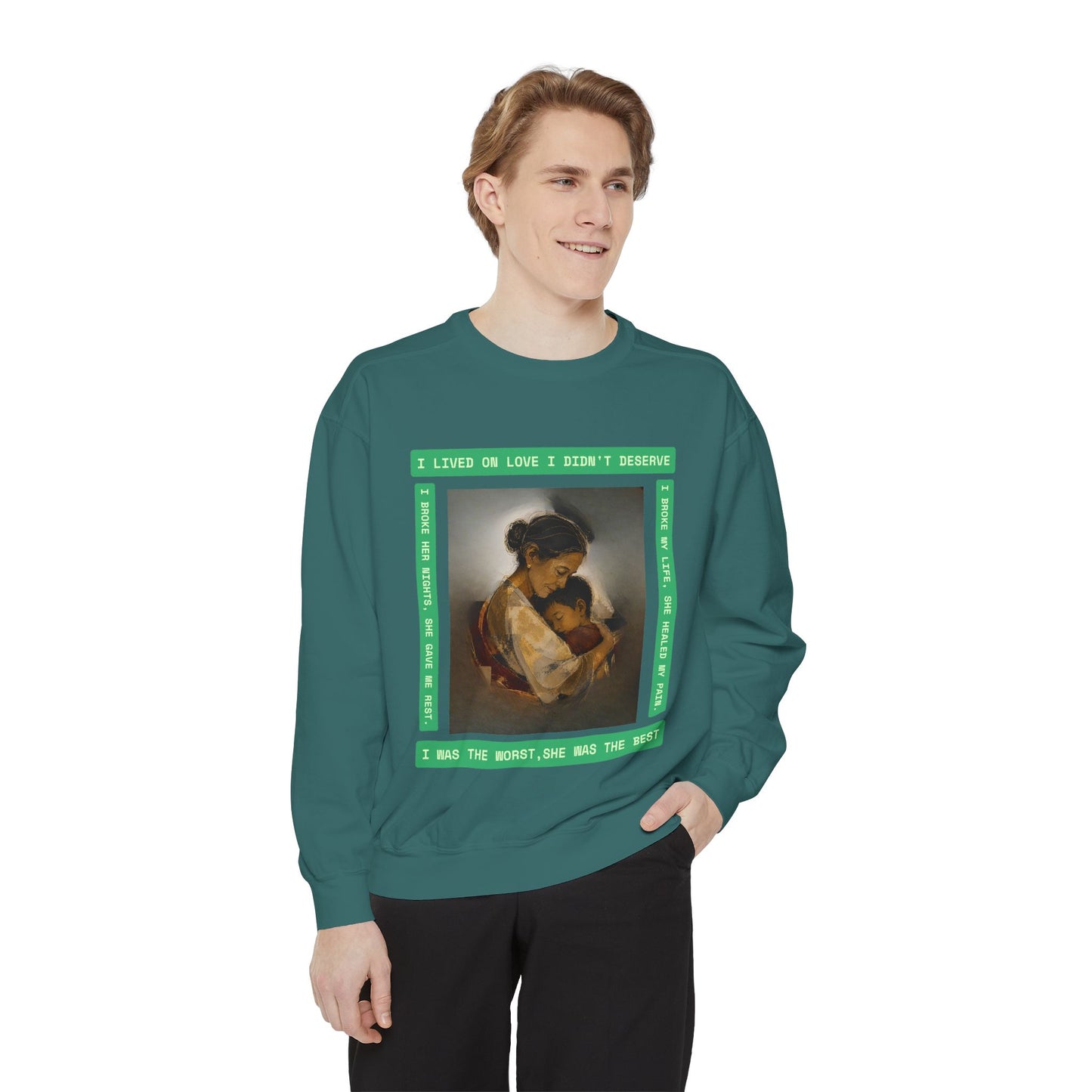 Mother & Child Sweatshirt — Vintage Art Crewneck with "I Lived, I Loved" Quote