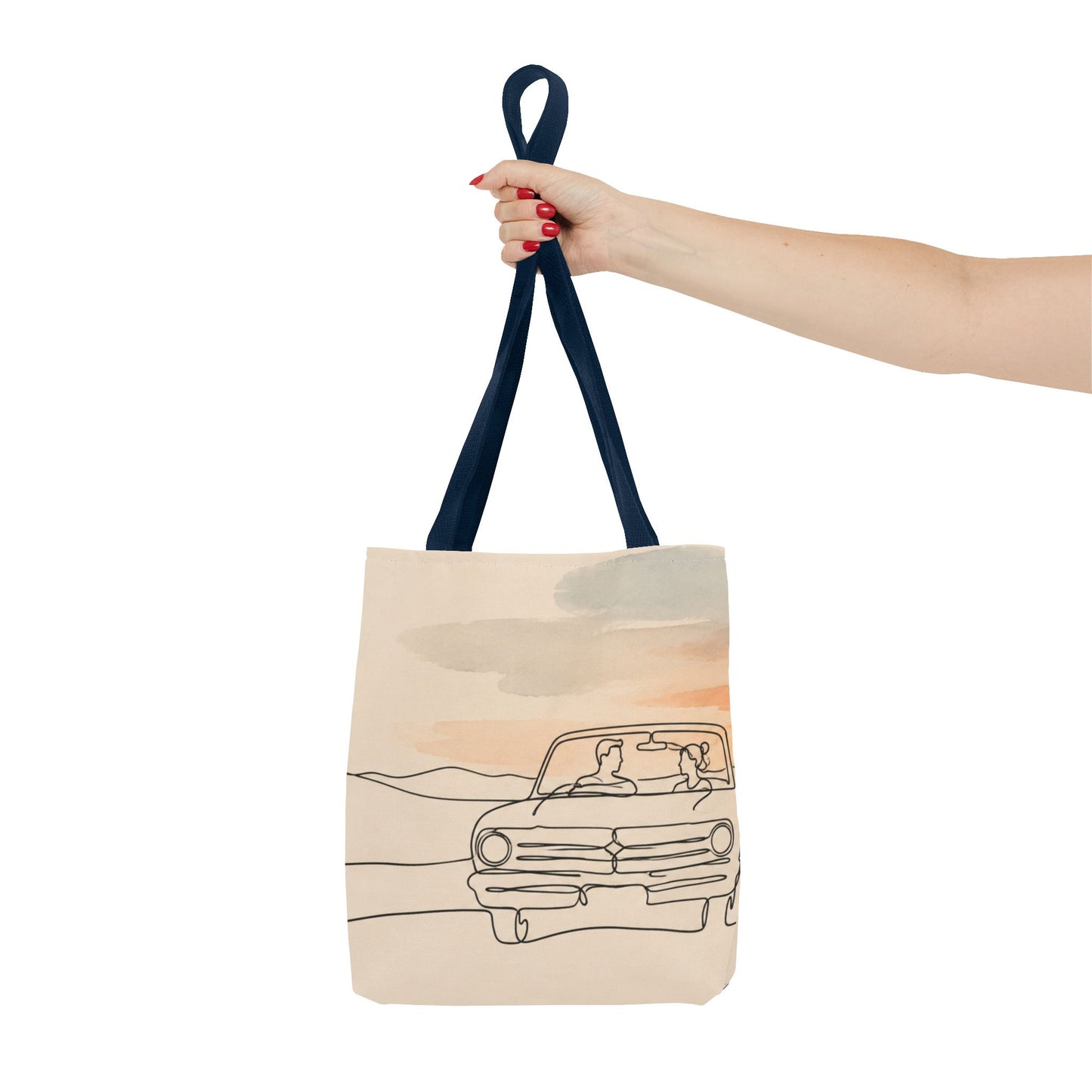 Beach Road Sunset Tote Bag — Hand-Drawn Retro Car & Sunset Illustration