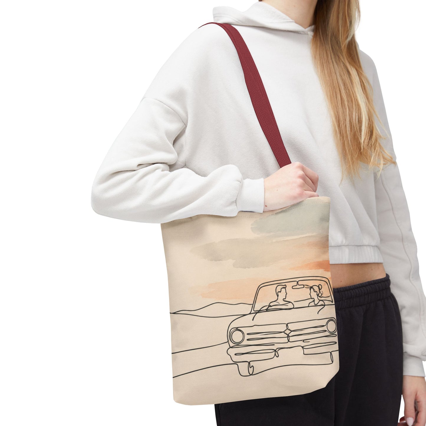 Beach Road Sunset Tote Bag — Hand-Drawn Retro Car & Sunset Illustration