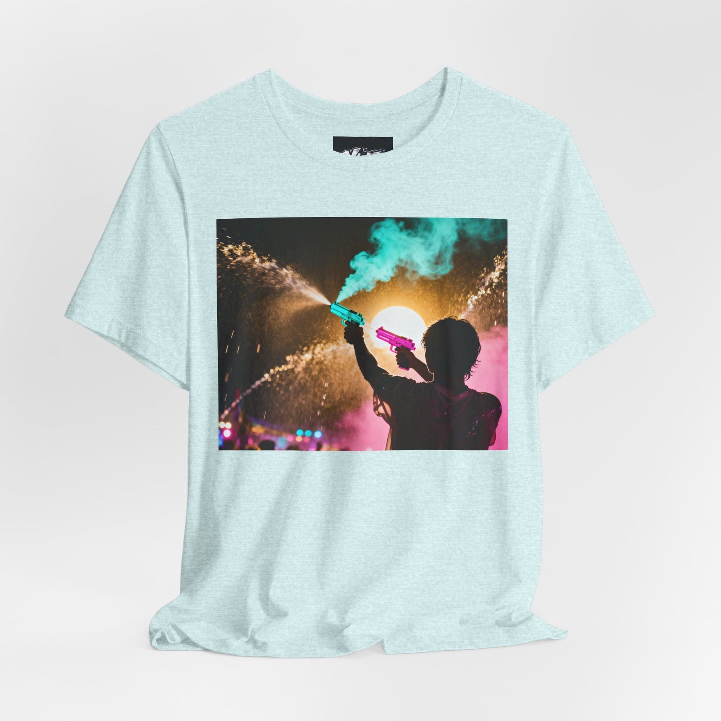 Concert Silhouette Tee — Colorful Smoke Festival Photo T‑Shirt