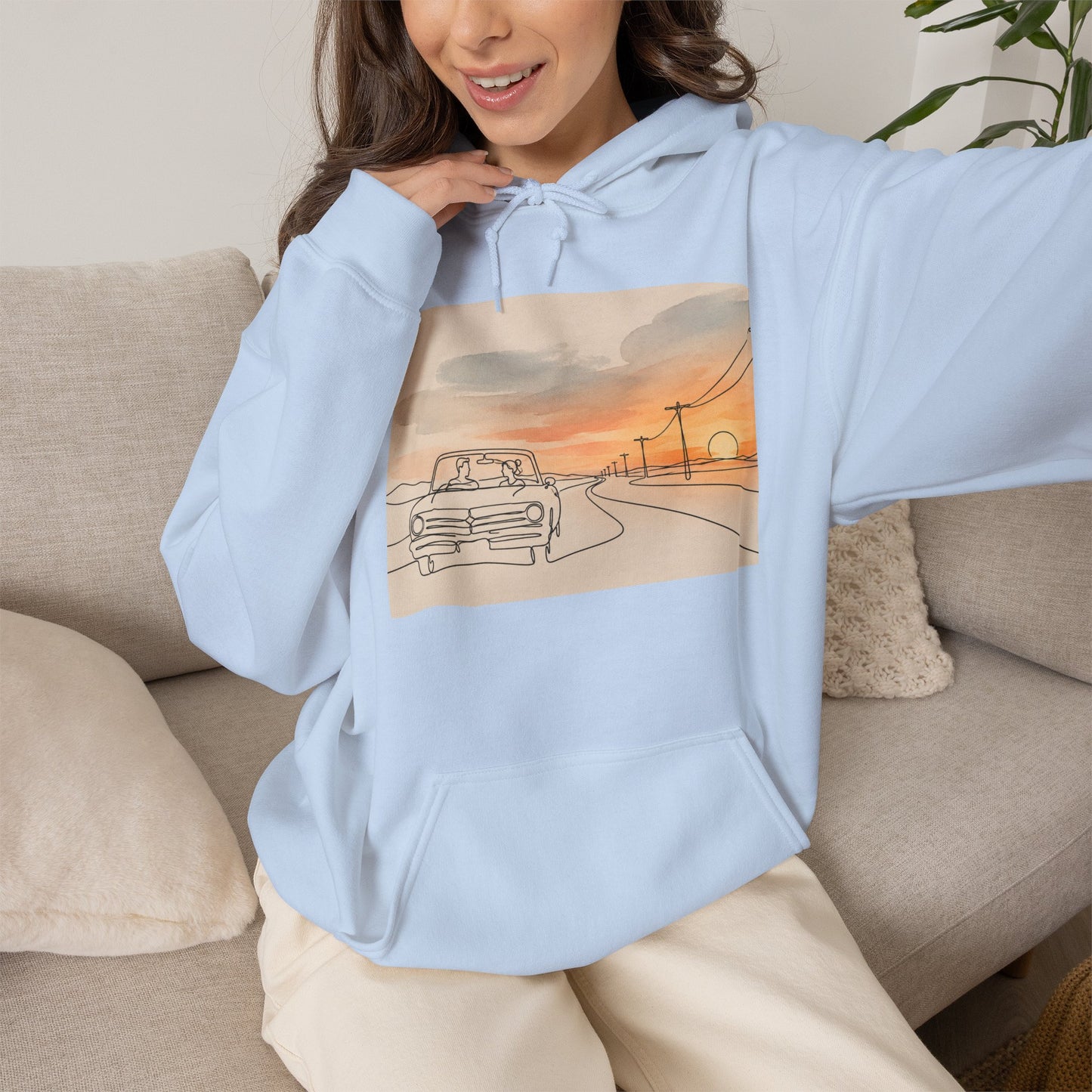 Sunset Drive Hoodie – Retro Car Road Trip Graphic Sweatshirt