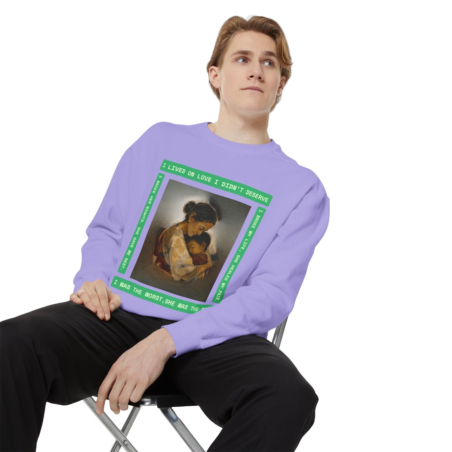 Mother & Child Sweatshirt — Vintage Art Crewneck with "I Lived, I Loved" Quote
