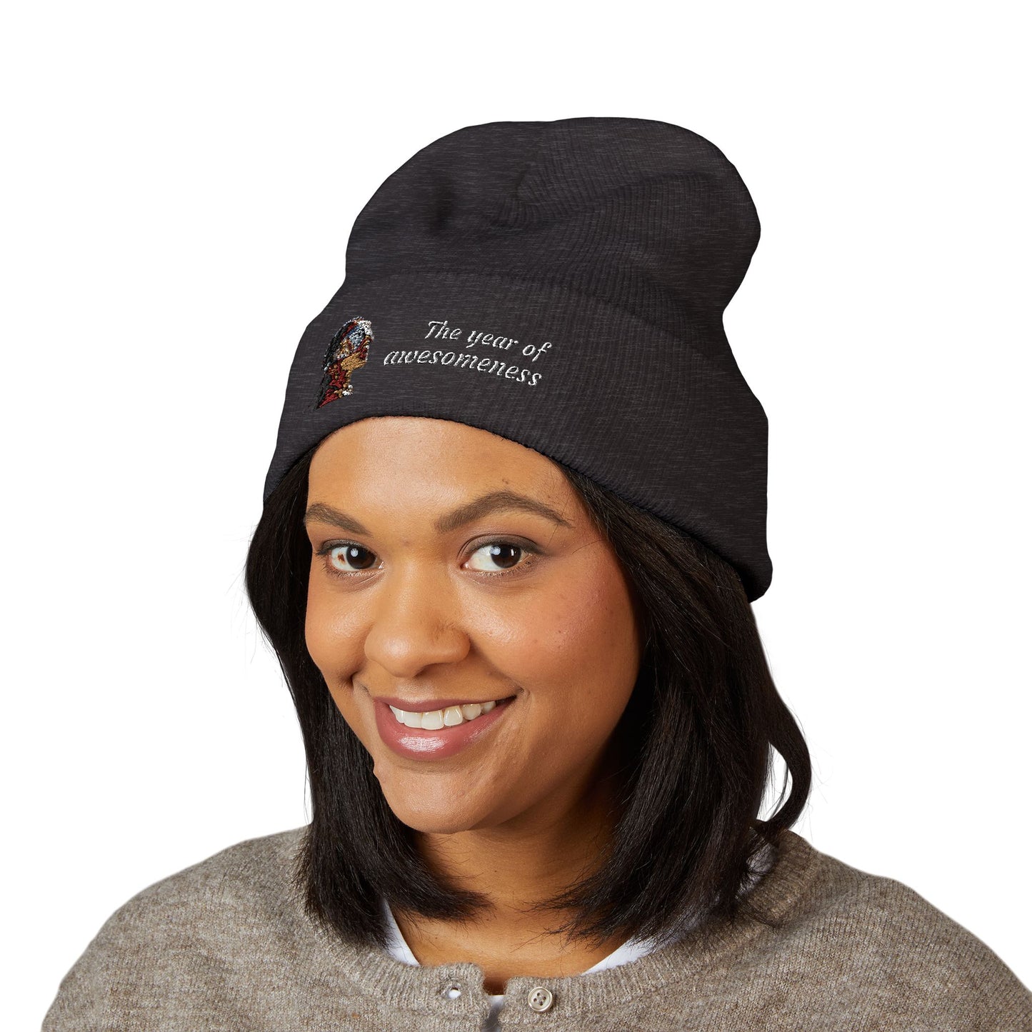 Embroidered Portrait Cuffed Beanie – Minimal Artist Face Knit Hat