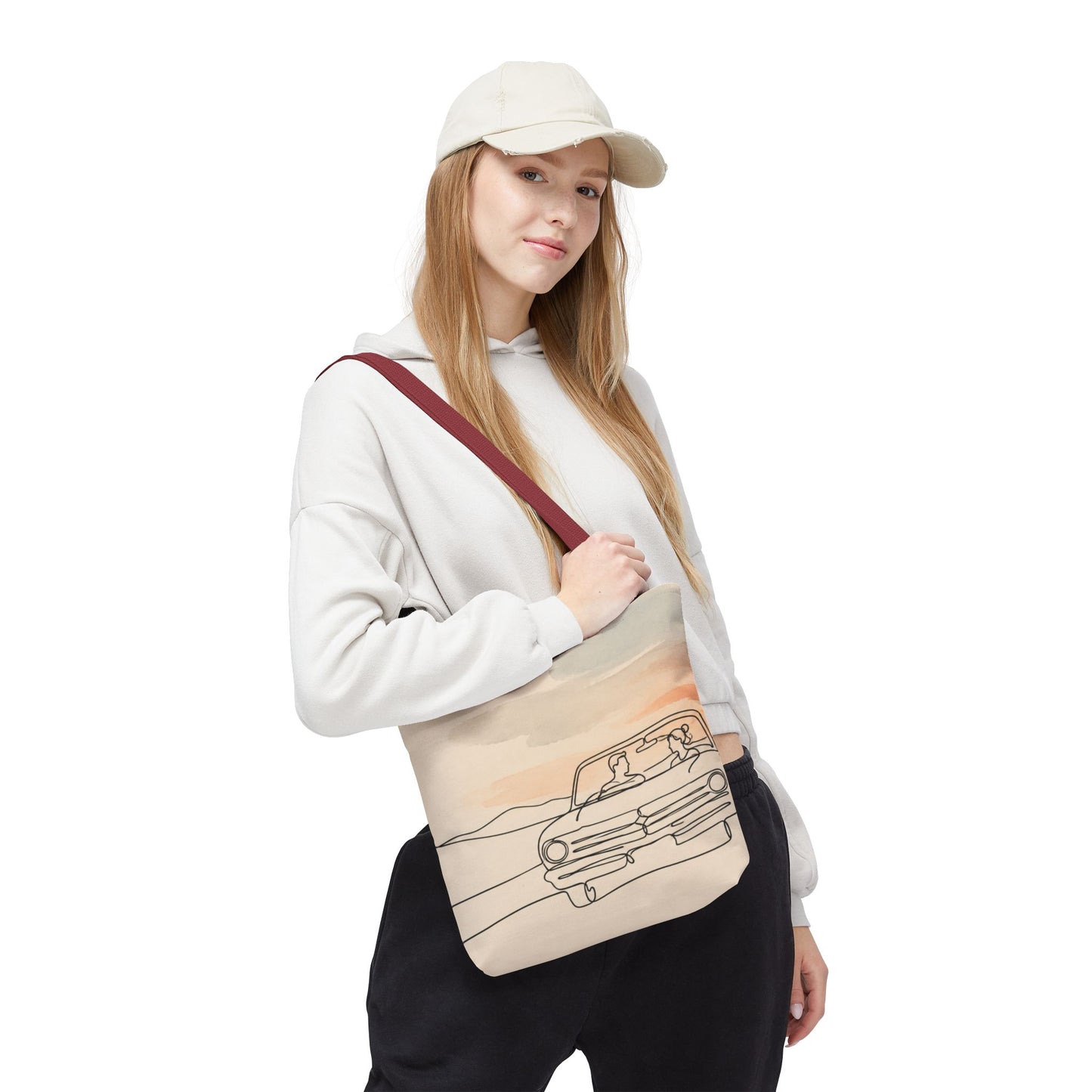 Beach Road Sunset Tote Bag — Hand-Drawn Retro Car & Sunset Illustration
