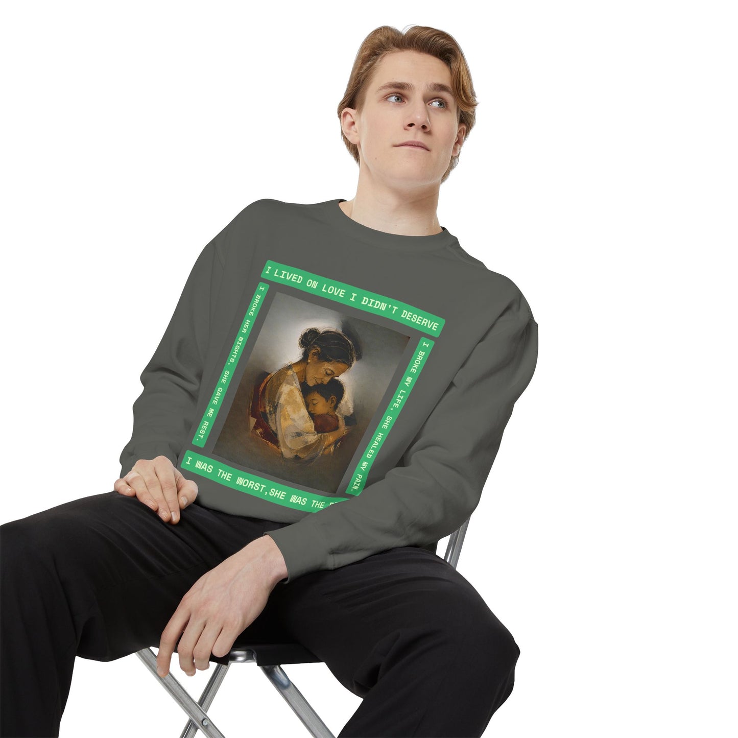Mother & Child Sweatshirt — Vintage Art Crewneck with "I Lived, I Loved" Quote