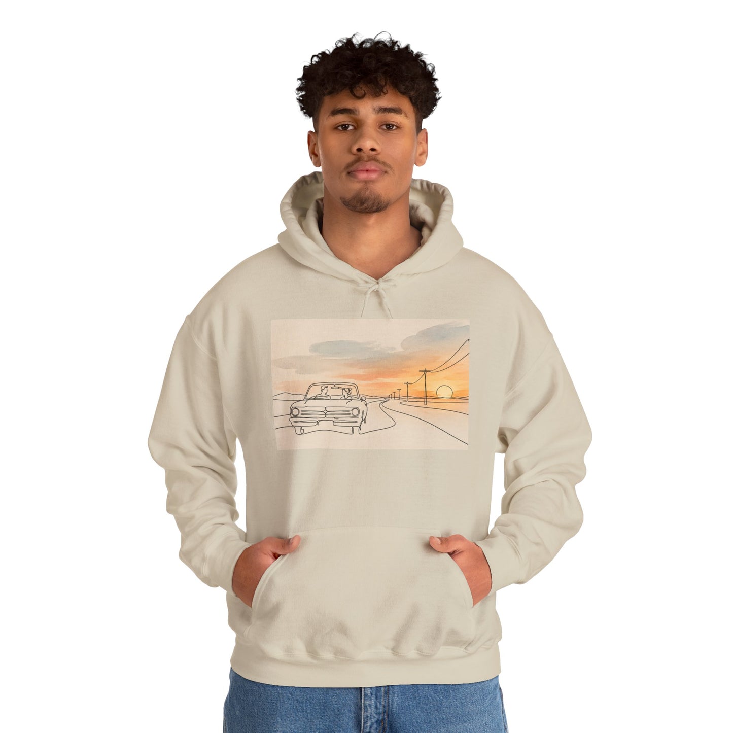 Sunset Drive Hoodie – Retro Car Road Trip Graphic Sweatshirt