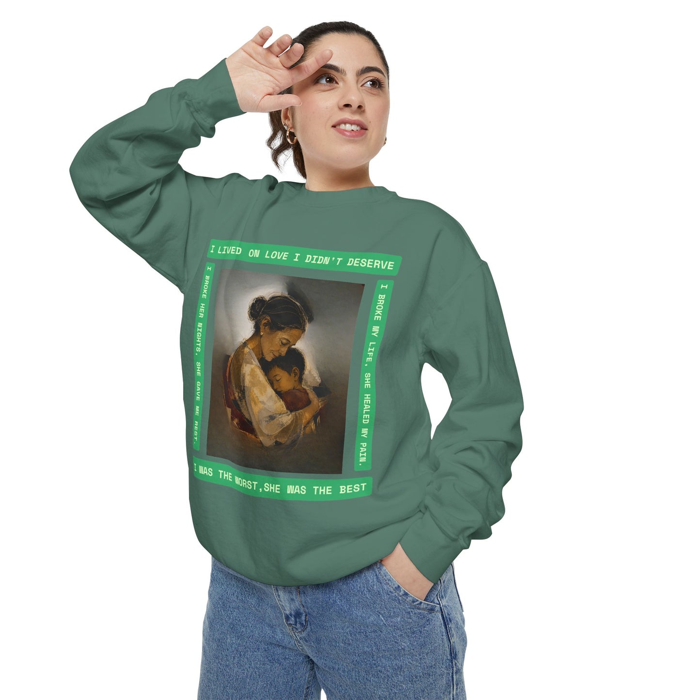 Mother & Child Sweatshirt — Vintage Art Crewneck with "I Lived, I Loved" Quote