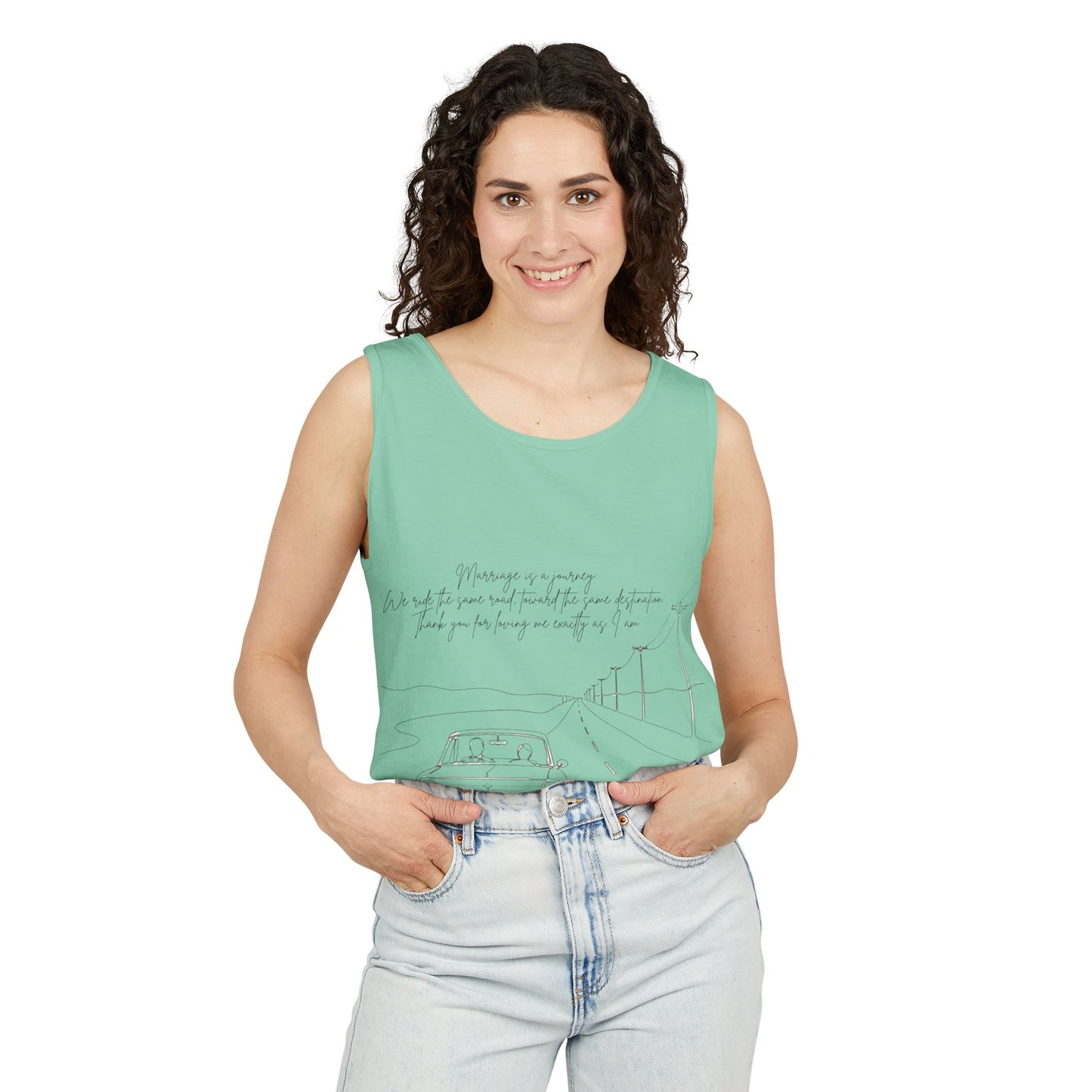 Sketch Roadtrip Tank Top — Minimal Car Line Art with Handwritten Lyric Text