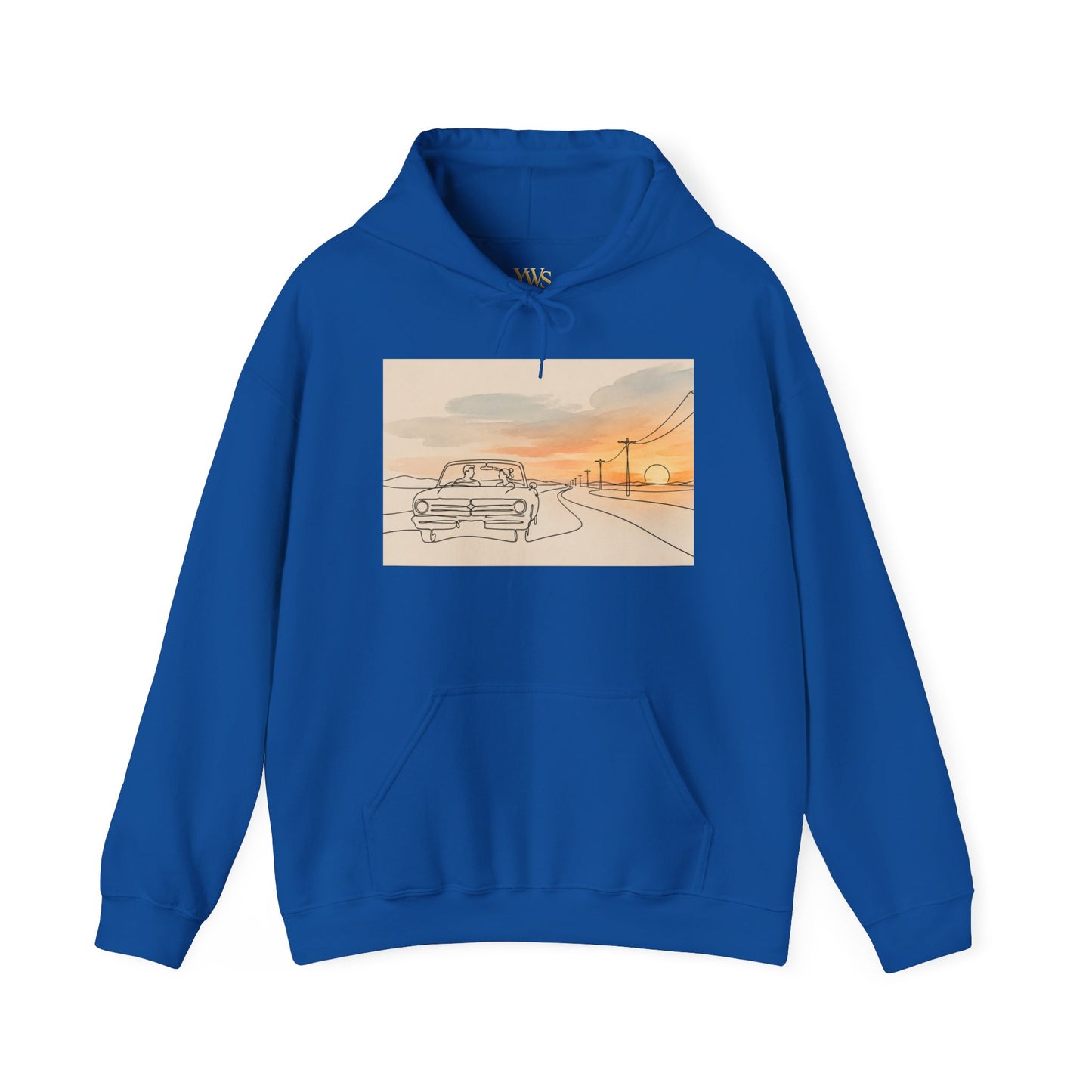 Sunset Drive Hoodie – Retro Car Road Trip Graphic Sweatshirt