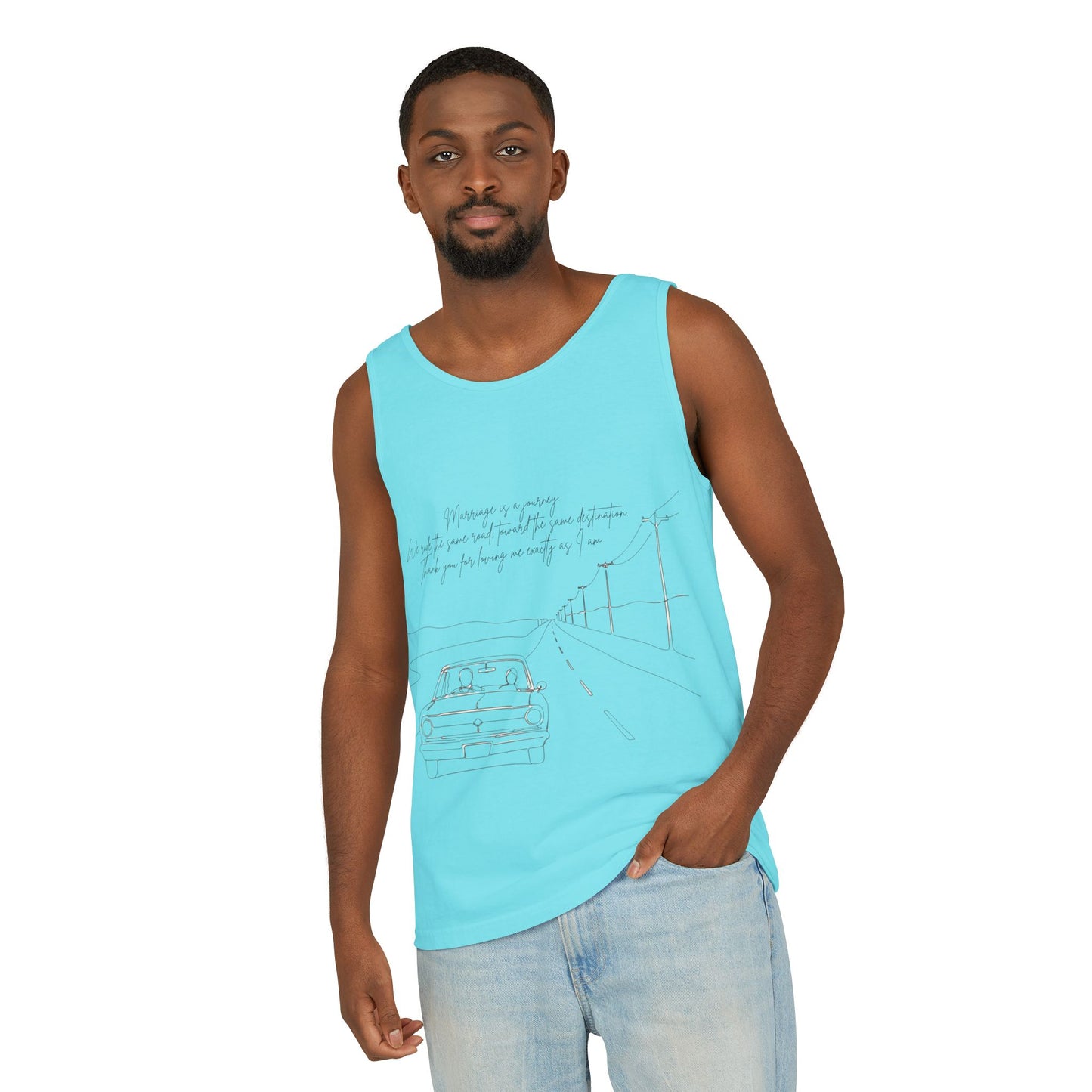 Sketch Roadtrip Tank Top — Minimal Car Line Art with Handwritten Lyric Text
