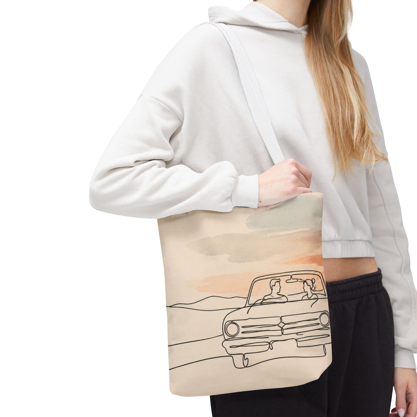 Beach Road Sunset Tote Bag — Hand-Drawn Retro Car & Sunset Illustration