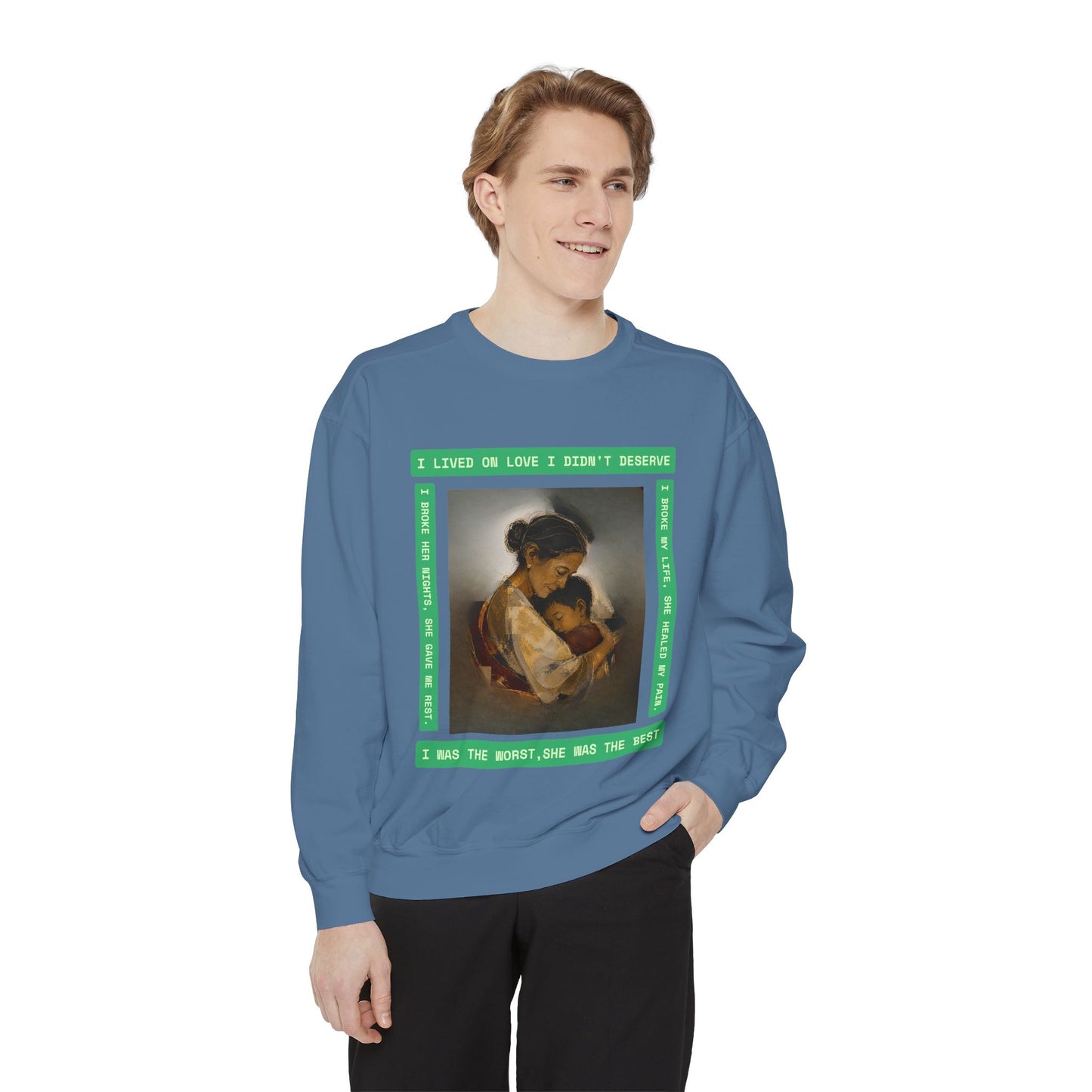 Mother & Child Sweatshirt — Vintage Art Crewneck with "I Lived, I Loved" Quote
