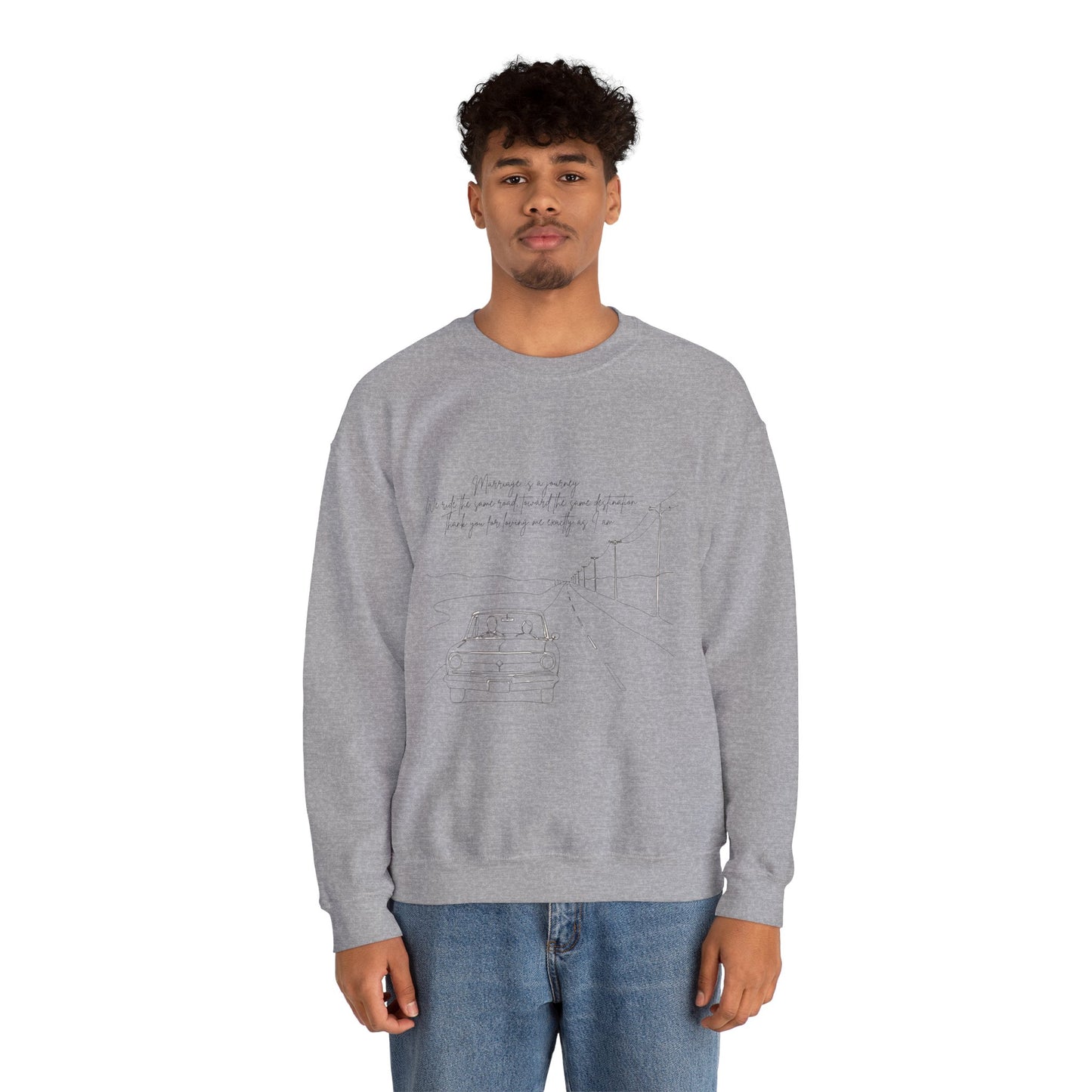 Crewneck Sweatshirt — Minimal Road Sketch Graphic with Handwritten Lyrics