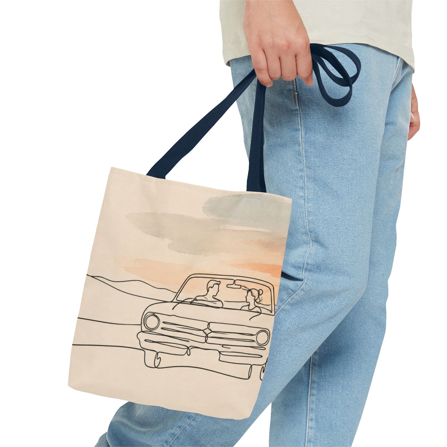 Beach Road Sunset Tote Bag — Hand-Drawn Retro Car & Sunset Illustration