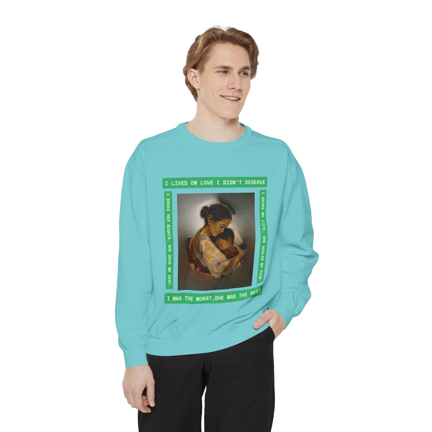 Mother & Child Sweatshirt — Vintage Art Crewneck with "I Lived, I Loved" Quote