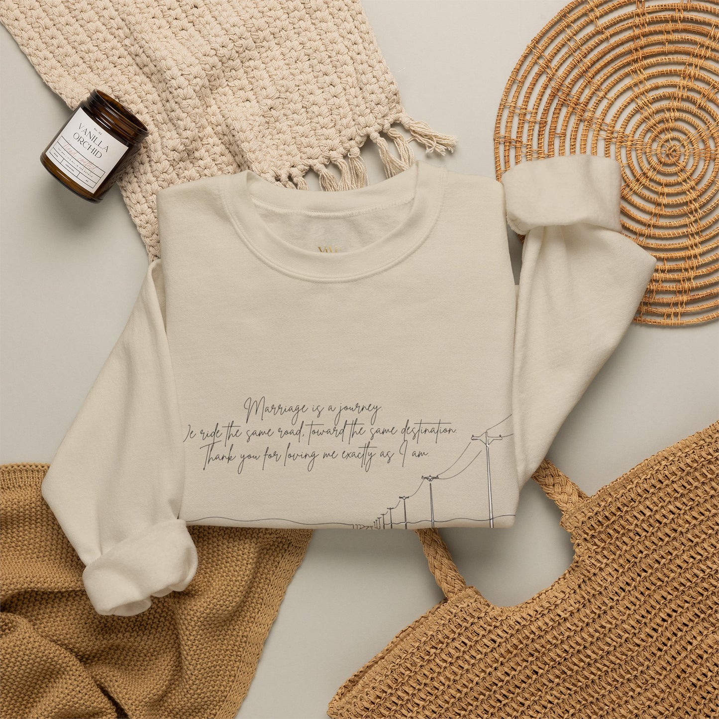 Crewneck Sweatshirt — Minimal Road Sketch Graphic with Handwritten Lyrics