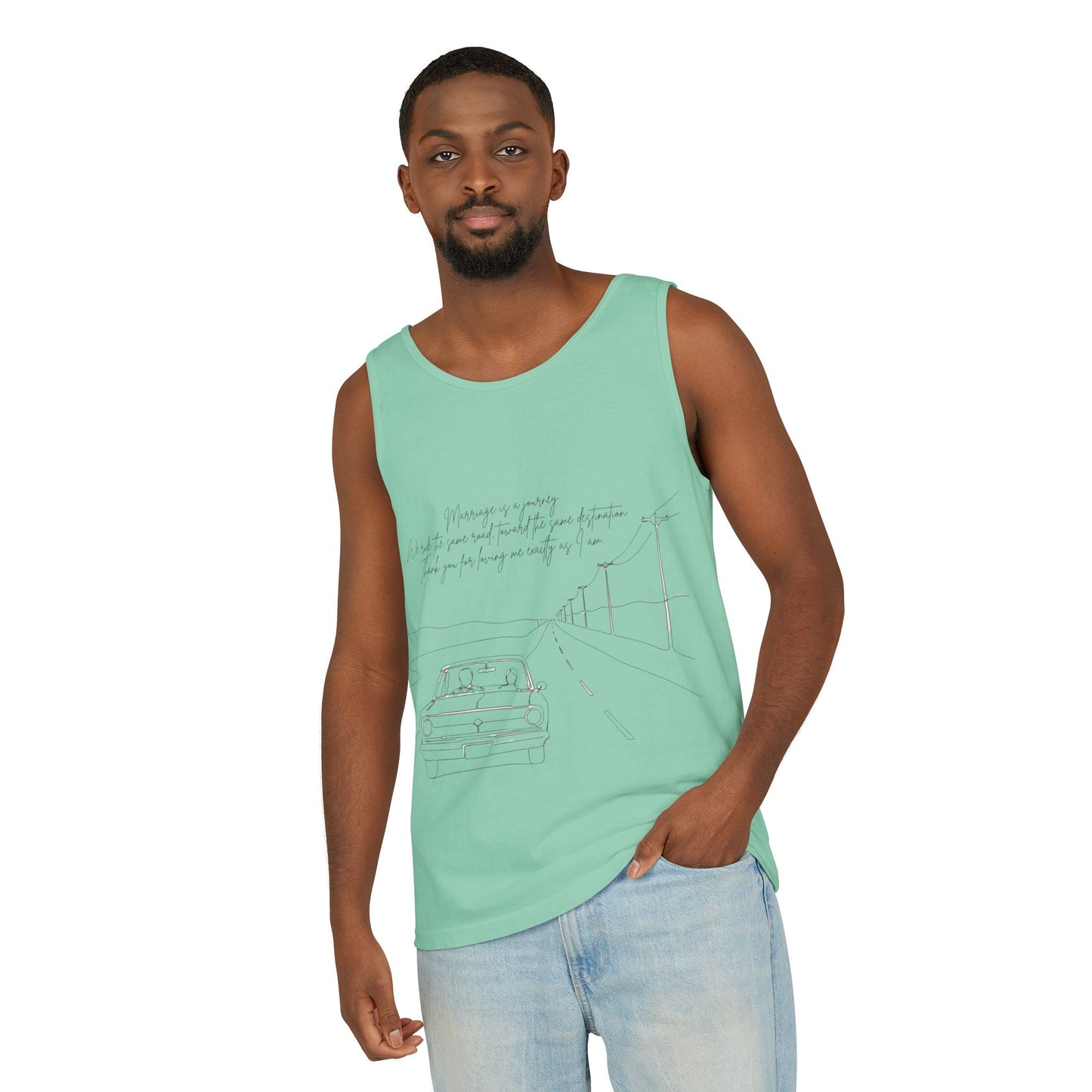 Sketch Roadtrip Tank Top — Minimal Car Line Art with Handwritten Lyric Text