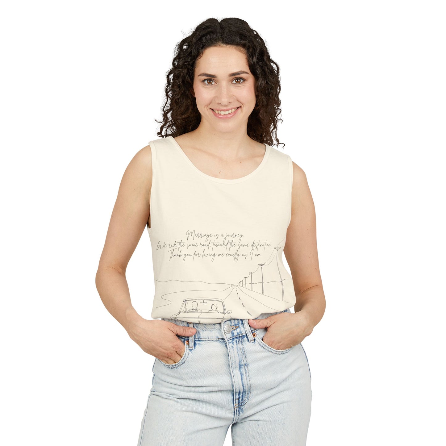 Sketch Roadtrip Tank Top — Minimal Car Line Art with Handwritten Lyric Text