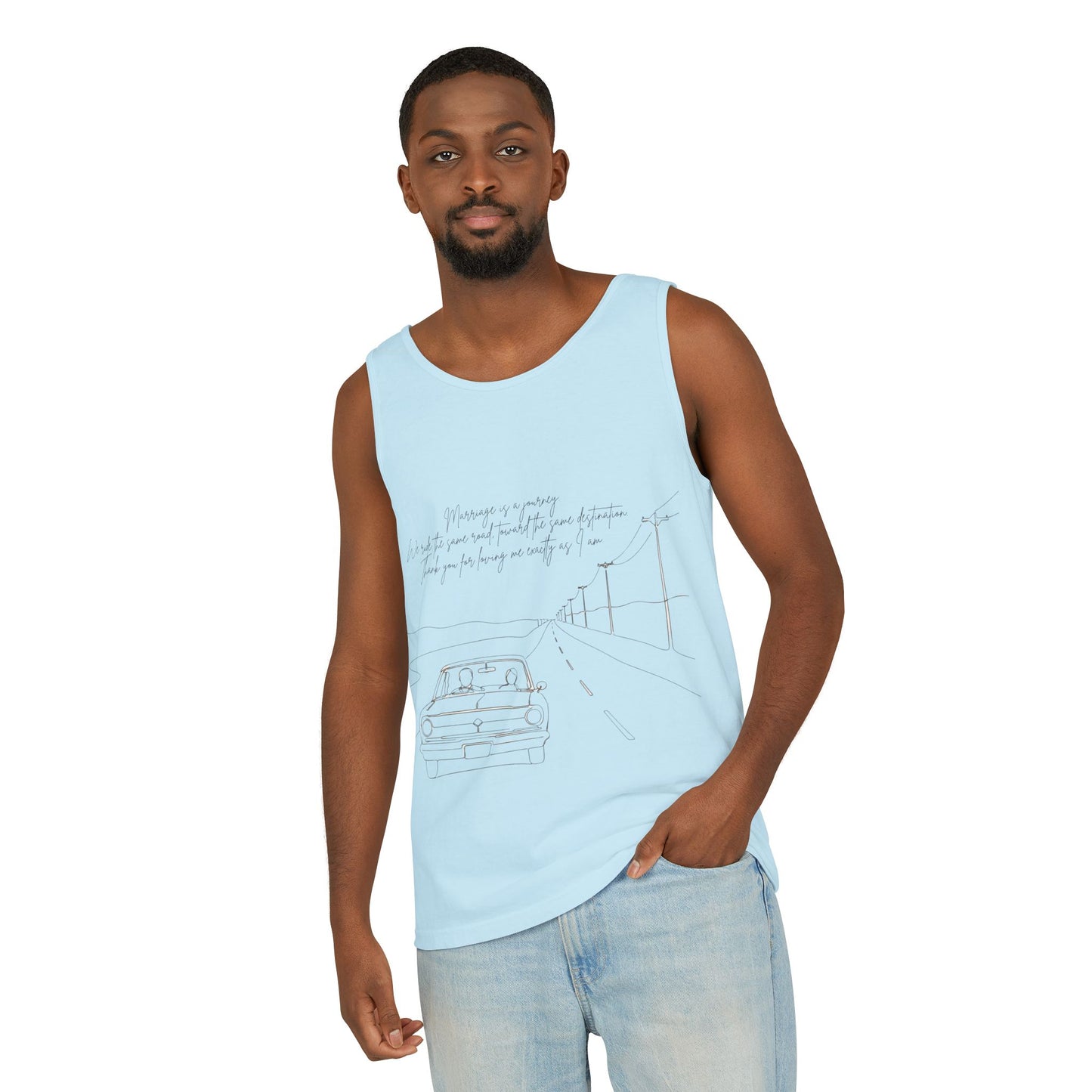 Sketch Roadtrip Tank Top — Minimal Car Line Art with Handwritten Lyric Text