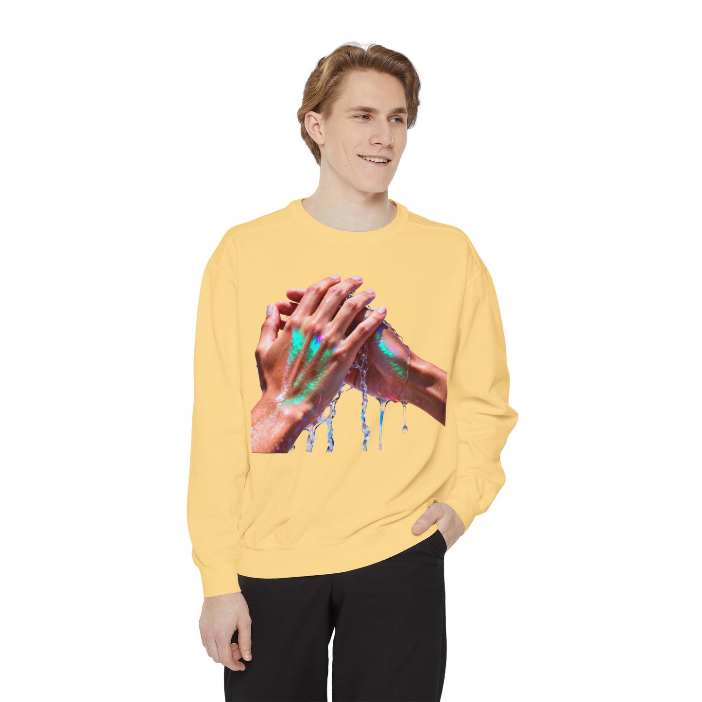 Hands Washing Art Sweatshirt — Colorful Dripping Paint Graphic Crewneck