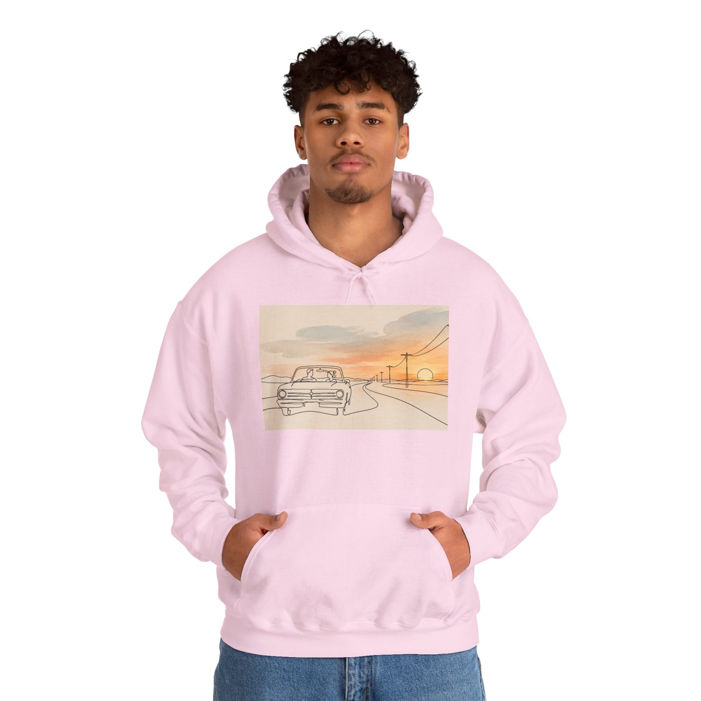 Sunset Drive Hoodie – Retro Car Road Trip Graphic Sweatshirt