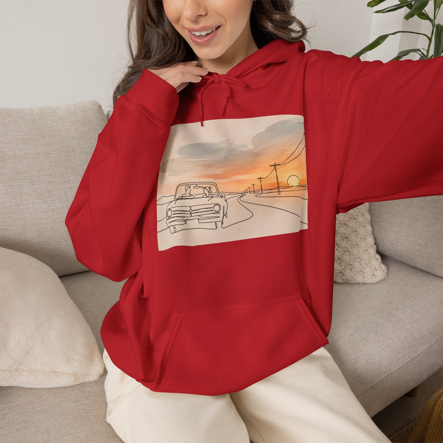 Sunset Drive Hoodie – Retro Car Road Trip Graphic Sweatshirt