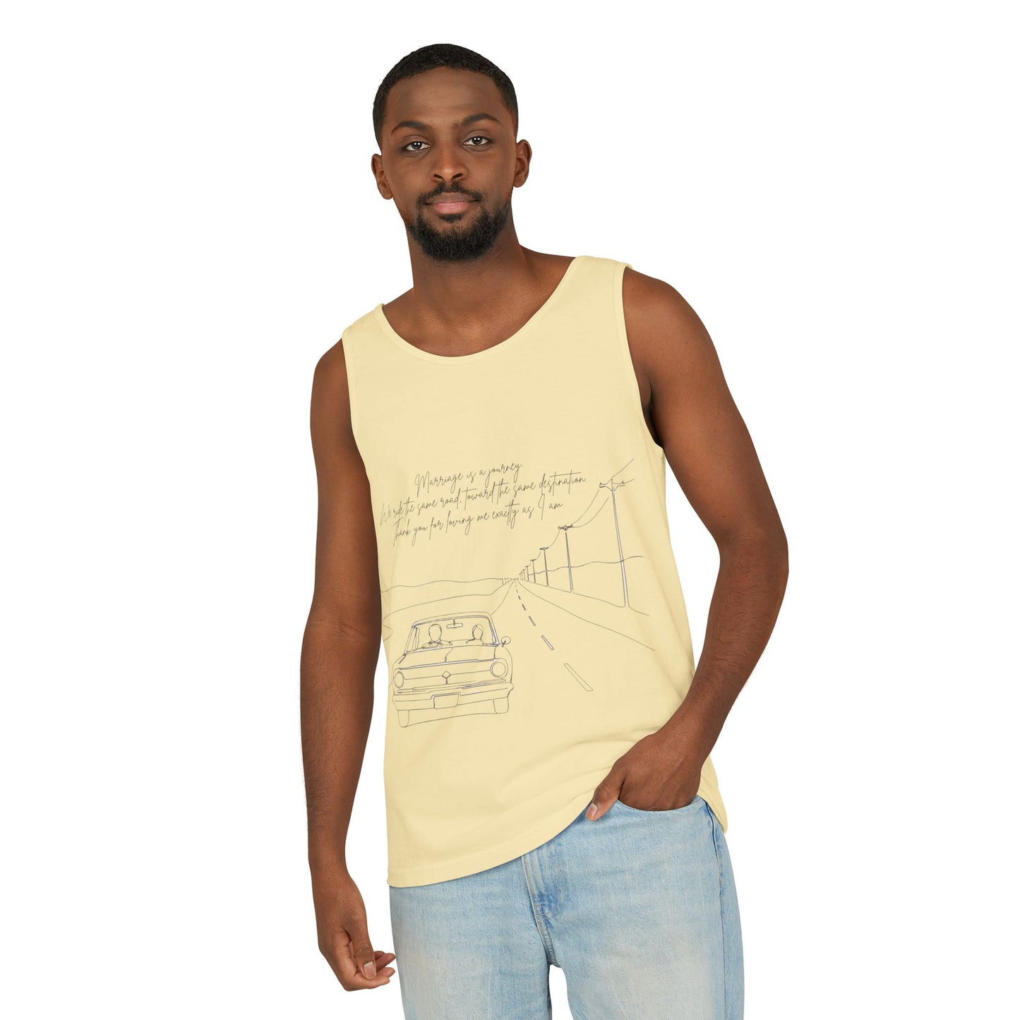 Sketch Roadtrip Tank Top — Minimal Car Line Art with Handwritten Lyric Text