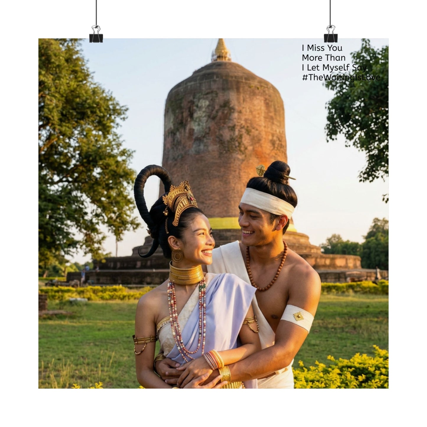 Romantic Pyu Era (Myanmar) Couple with BawBawGyi Pagoda Matte Poster — "I Miss You More Than I Love Myself"