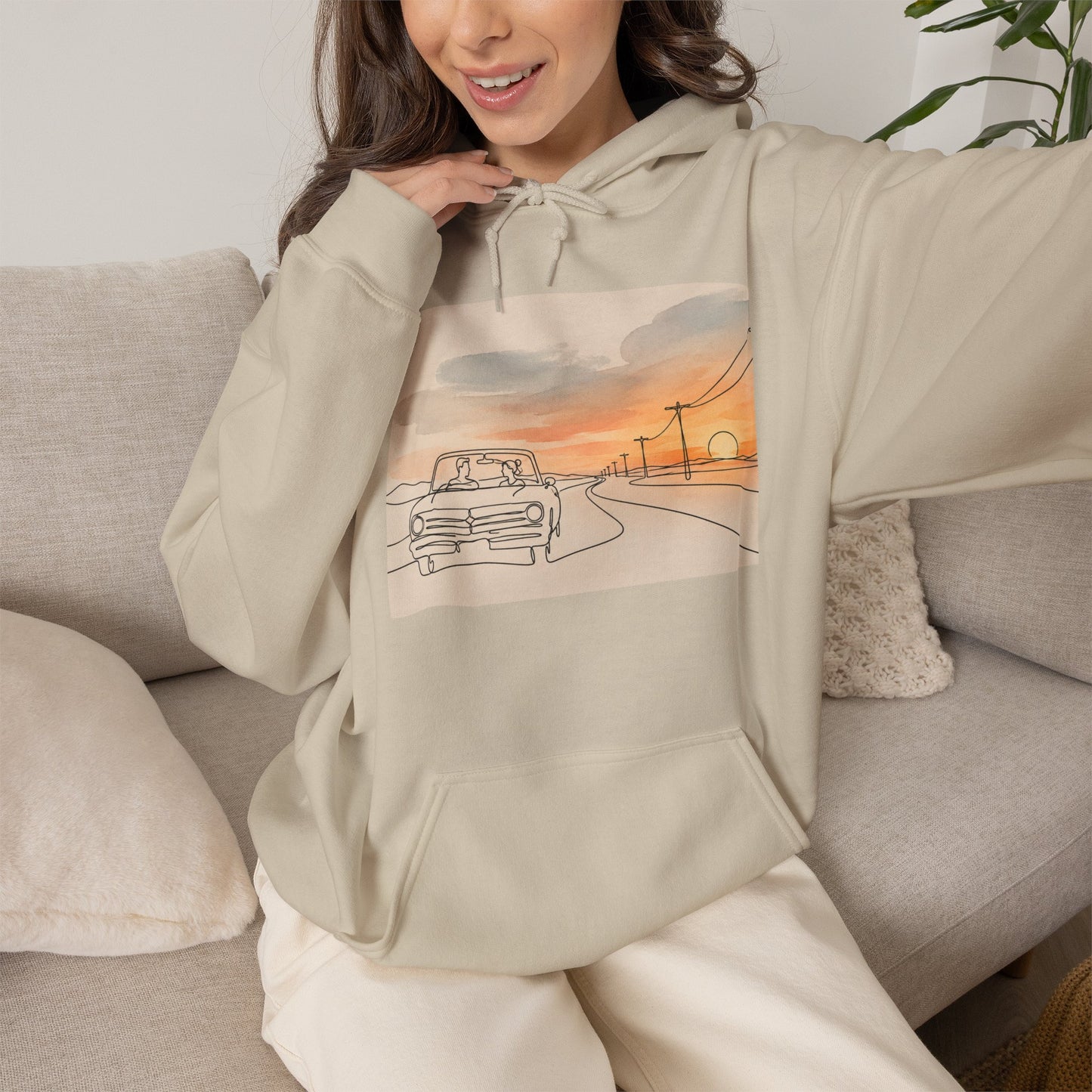 Sunset Drive Hoodie – Retro Car Road Trip Graphic Sweatshirt
